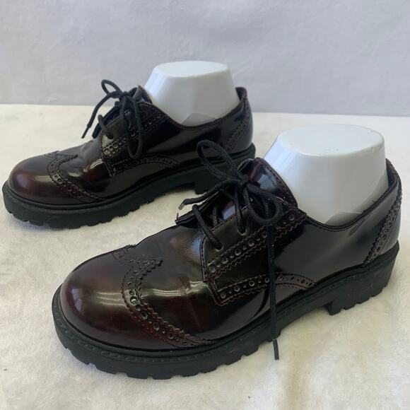 Divided Sz 6 Y2K Deep Red Maroon Chunky Derby Oxford Wide Heel Academia Shoes - Picture 3 of 10